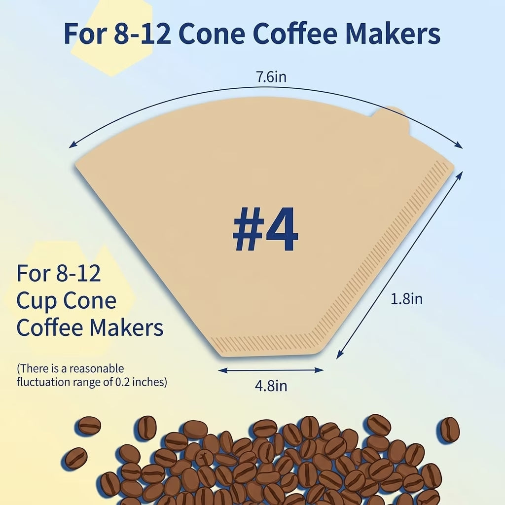200 Pcs #4 Cone Coffee Filters 8-12 Cup, Unbleached Natural Paper Filters, Compatible with Ninja, Moccamaster, Pour Over & Drip Coffee Makers