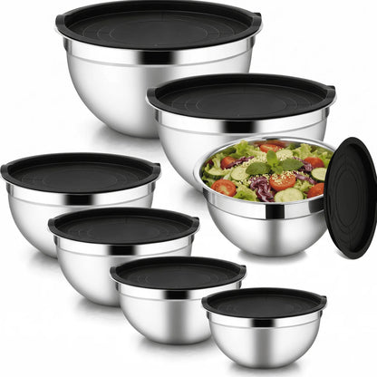 7-Piece Stainless Steel Mixing Bowl Set with Lids — Nesting Sizes (0.7QT to 5QT) for Food Prep, Baking & Serving