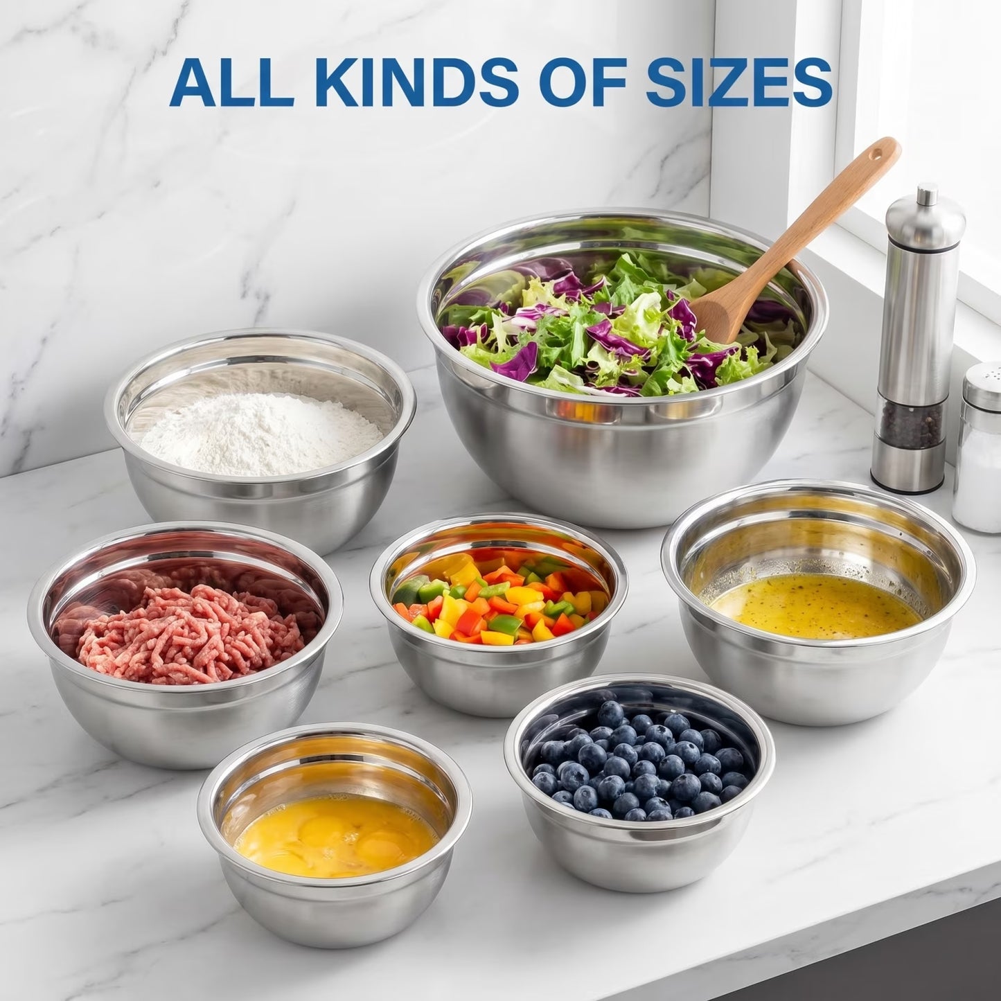 7-Piece Stainless Steel Mixing Bowl Set with Lids — Nesting Sizes (0.7QT to 5QT) for Food Prep, Baking & Serving