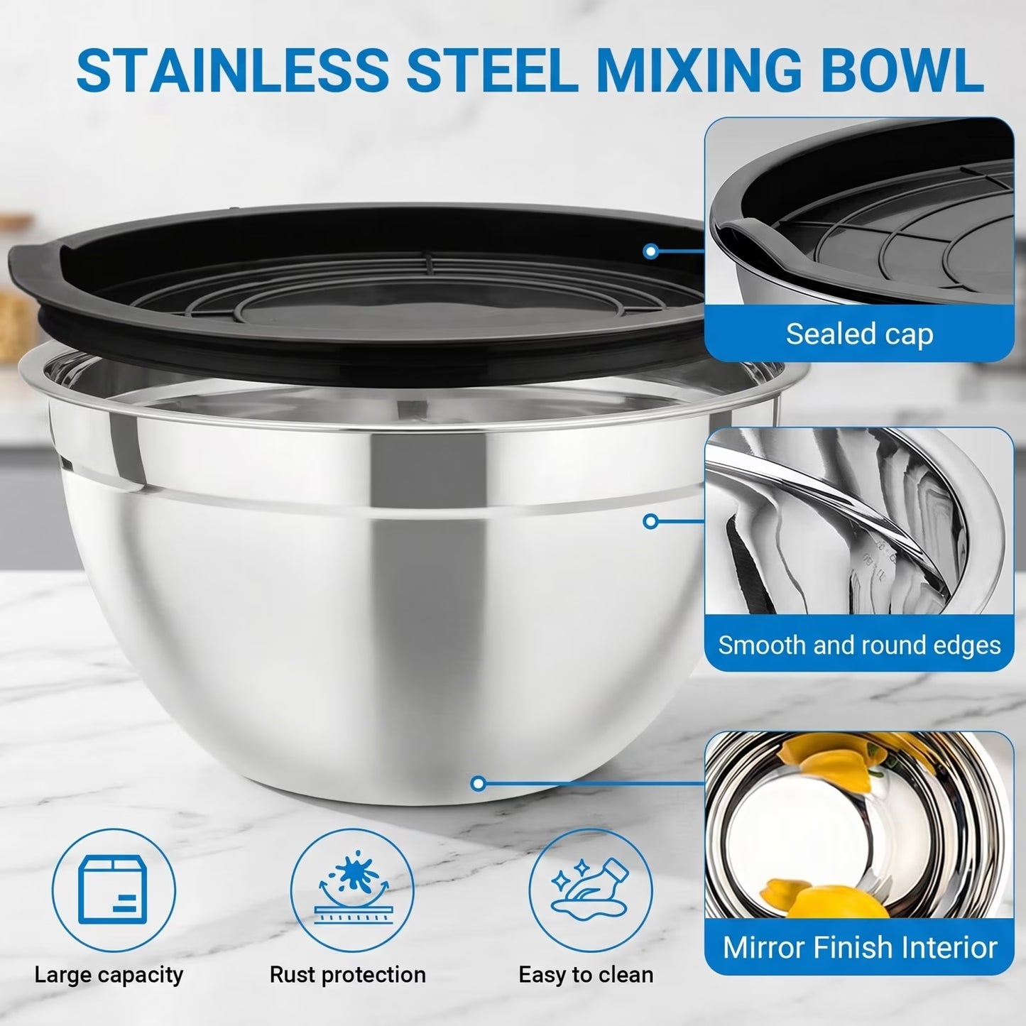 7-Piece Stainless Steel Mixing Bowl Set with Lids — Nesting Sizes (0.7QT to 5QT) for Food Prep, Baking & Serving