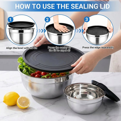 7-Piece Stainless Steel Mixing Bowl Set with Lids — Nesting Sizes (0.7QT to 5QT) for Food Prep, Baking & Serving