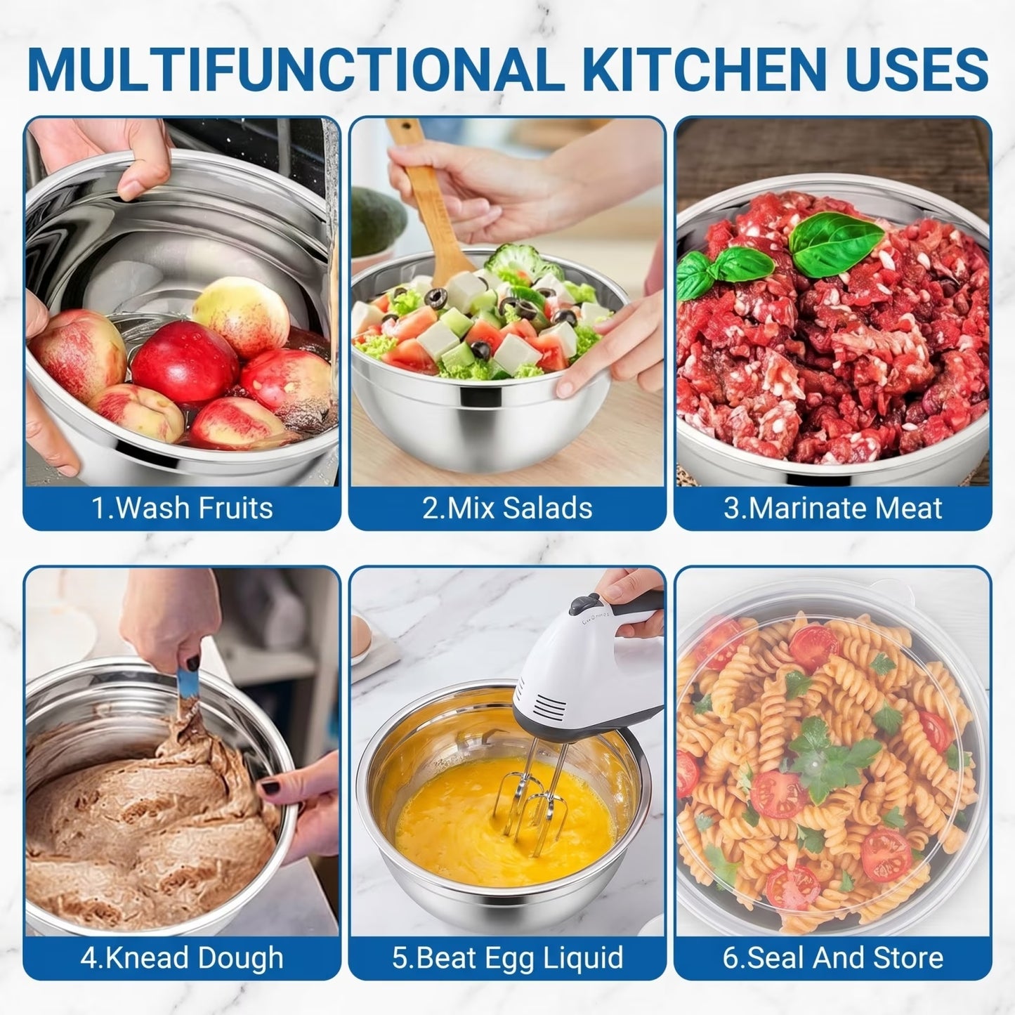 7-Piece Stainless Steel Mixing Bowl Set with Lids — Nesting Sizes (0.7QT to 5QT) for Food Prep, Baking & Serving