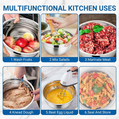 7-Piece Stainless Steel Mixing Bowl Set with Lids — Nesting Sizes (0.7QT to 5QT) for Food Prep, Baking & Serving