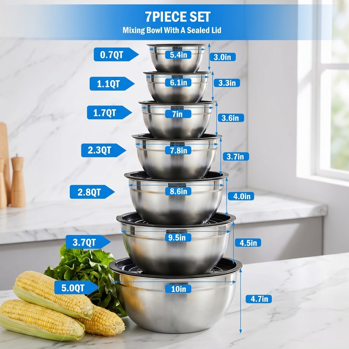 7-Piece Stainless Steel Mixing Bowl Set with Lids — Nesting Sizes (0.7QT to 5QT) for Food Prep, Baking & Serving