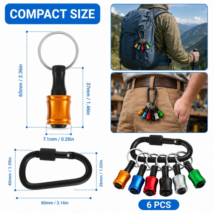 6-Pack Alloy Drill Bit Holder Keychain – 1/4" Hex Shank Impact Bit Holder with Carabiner, for Home & Workshop