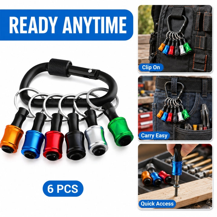 6-Pack Alloy Drill Bit Holder Keychain – 1/4" Hex Shank Impact Bit Holder with Carabiner, for Home & Workshop