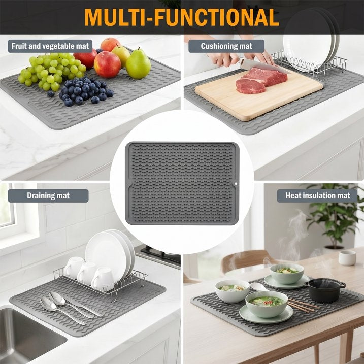 Silicone Dish Drying Mat – 15"x12" Non-Slip & Heat-Resistant Mat for Kitchen Sink or Countertop