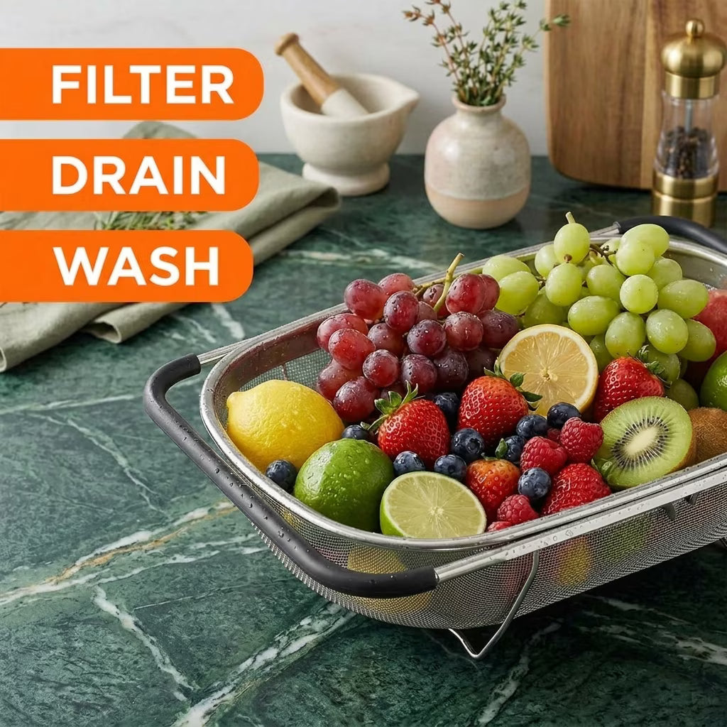 6 Quarts Fine Mesh Stainless Steel Colander, Over The Sink Colander, stainless steel colander strainer with Expandable Rubber Grip Handle, vegetable washing basket for Strain, Drain, Rinse
