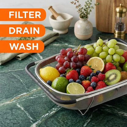 6 Quarts Fine Mesh Stainless Steel Colander, Over The Sink Colander, stainless steel colander strainer with Expandable Rubber Grip Handle, vegetable washing basket for Strain, Drain, Rinse