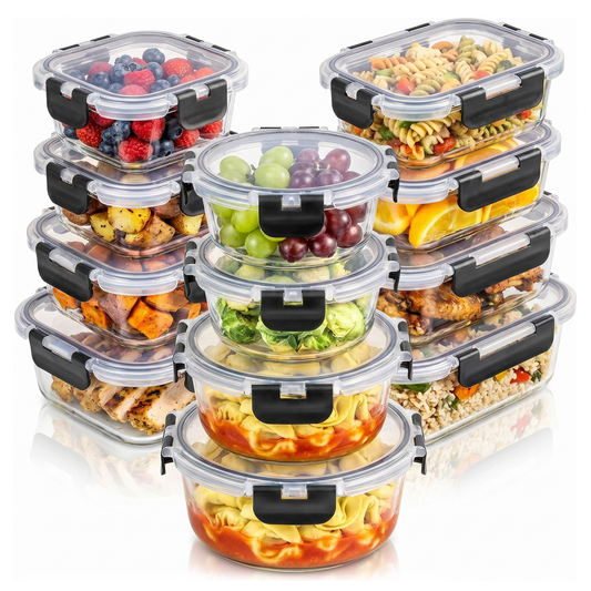 24-Piece Glass Meal Prep Containers, Meal Prep Containers Glass, Borosilicate 12 Containers + 12 Snap Lock Lids, Glass Food Storage Containers with Lids, Food Storage Containers with Lids for Lunch