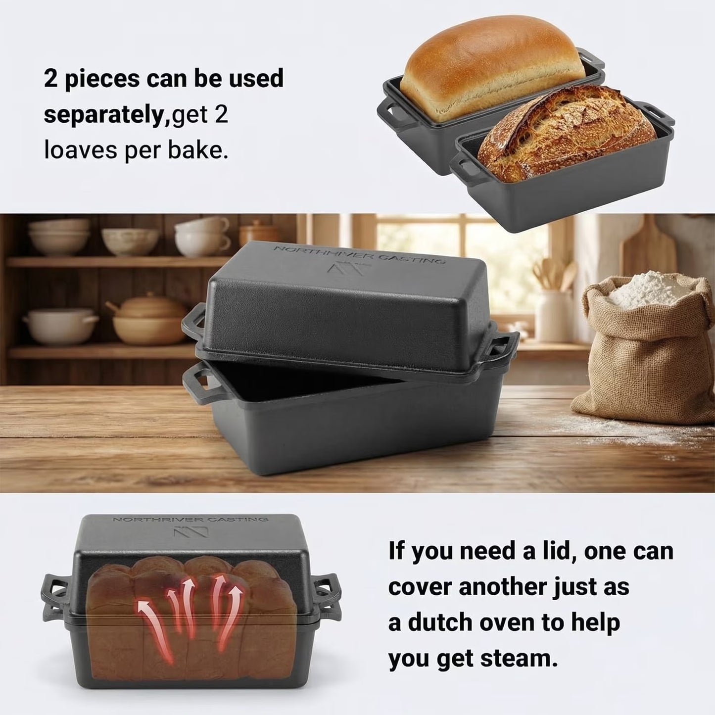 2Pcs Bread Loaf Pan for Homemade Bread, 9x5 inch Cast Iron Loaf Pan with Lid, Dutch Oven for Bread Baking, Sourdough Bread Baking Supplies, Even Heat Bakeware Set