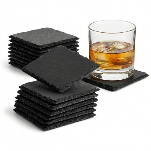24Pack 4" Square Slate Coasters for Laser Engraving, Natural Black Stone Drink Coasters with Non-Slip Protective Pads for Coffee Table, DIY Craft