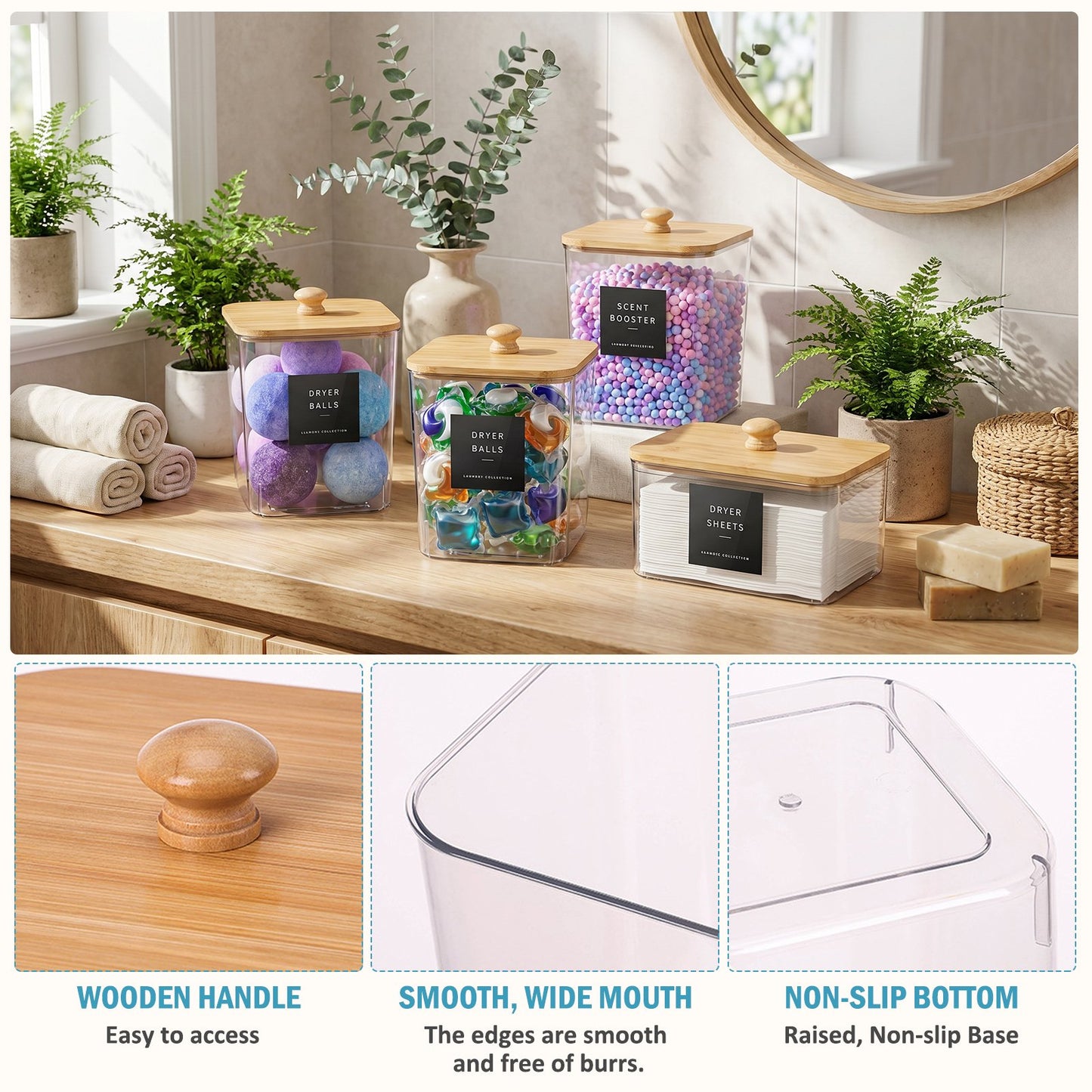 4-Pack Clear Laundry Pods Container Set for Laundry Room Organization, Laundry Powder Container and Laundry Detergent Dispenser with Wooden Lids, Labels and Scoops