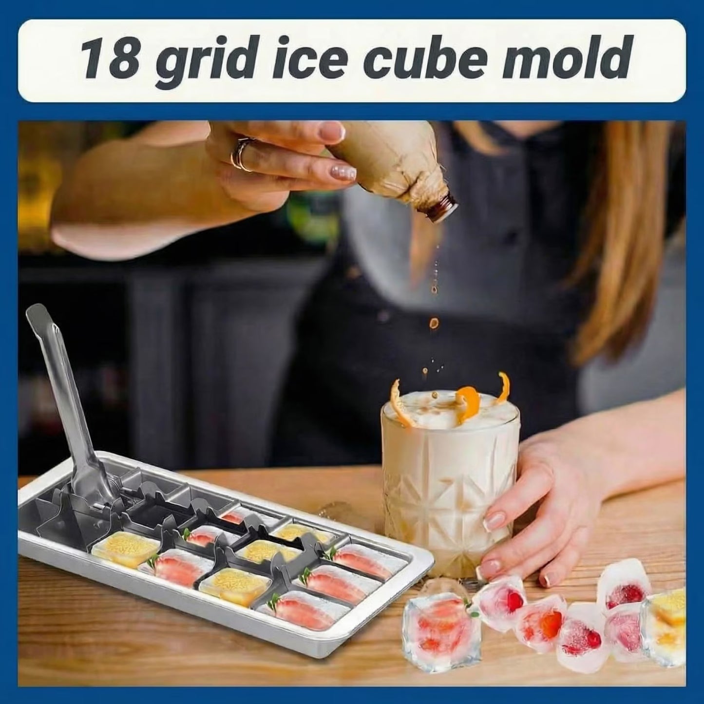 18-Cube Stainless Steel Ice Tray with Easy-Lift Handle - Heavy-Duty 304 Metal Freezer Mold for Cocktails, Baby Food & Kitchen Prep, Bar-Quality Ice at Home