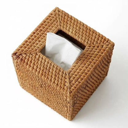 Rattan Tissue Box Cover, Natural Woven Wicker Tissue Box Holder, Square Boho Decorative Facial Tissue Holder for Bathroom, Living Room, Kitchen or Desk, 5.5 x 5.5 x 5.9 Inch
