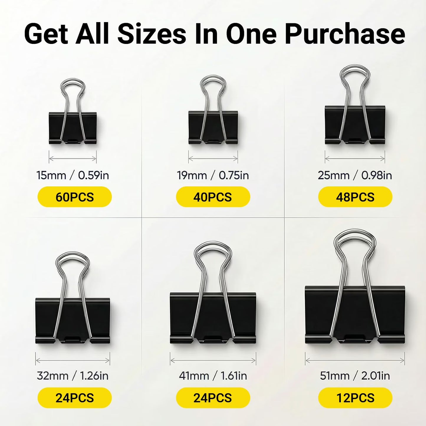 208-Pack Binder Clips, 6 Assorted Sizes Metal Paper Clips with Storage Boxes for Office &amp; Home Organization