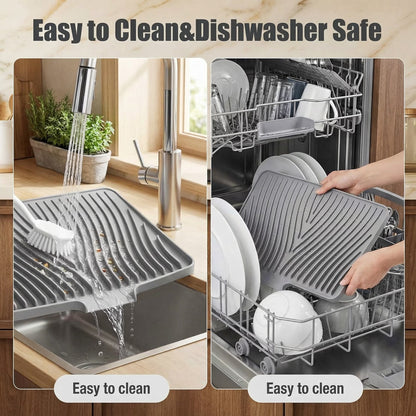 Silicone Dish Drying Mat for Kitchen Counter or Sink, Non-Slip Dish Drainer Mat with Built-in Drain, Heat Resistant Drying Pad, Grey
