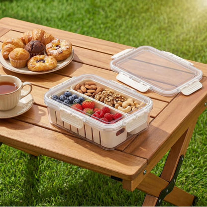 1 Pack Snackle Box Container, Portable 2-Compartment Divided Snack Tray with Lid, Reusable Stackable Snack Organizer for Travel, Candy, Party & Picnic, Large Size, White