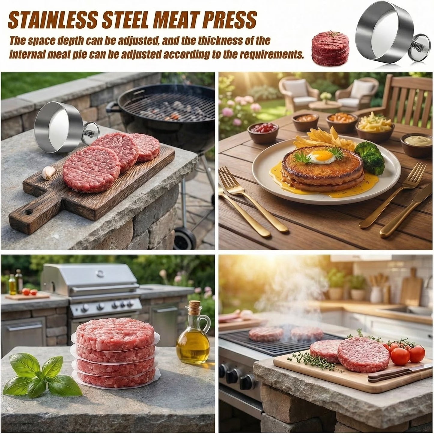 3.9 inch Round Burger Maker Press, Hamburger Press, Adjustable Stainless Steel Burger Patty Press for Kitchen BBQ & Sandwich, Hamburger Patty Press