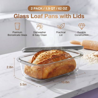 2-Pack Glass Loaf Pans with Lids – 1.9QT Deep, Wide Handles, Oven-to-Fridge, Clear