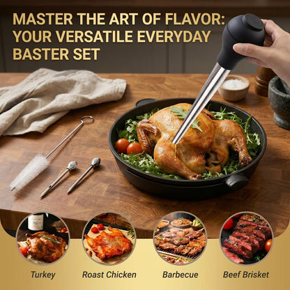 Stainless Steel Turkey Baster, Baster Syringe with Injector Bulb and Brush for Roasting Turkey and Chicken, Meat Injector Tool for Cooking, 1 Set