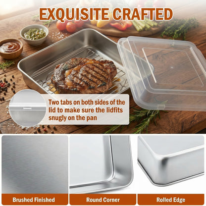 Stainless Steel 8 x 8 Baking Pan with Lid and Rack, Square Cake Pan for Brownies, Casseroles and Cakes, 8 Inch Square Baking Pan, Square Baking Dish for Toaster Oven