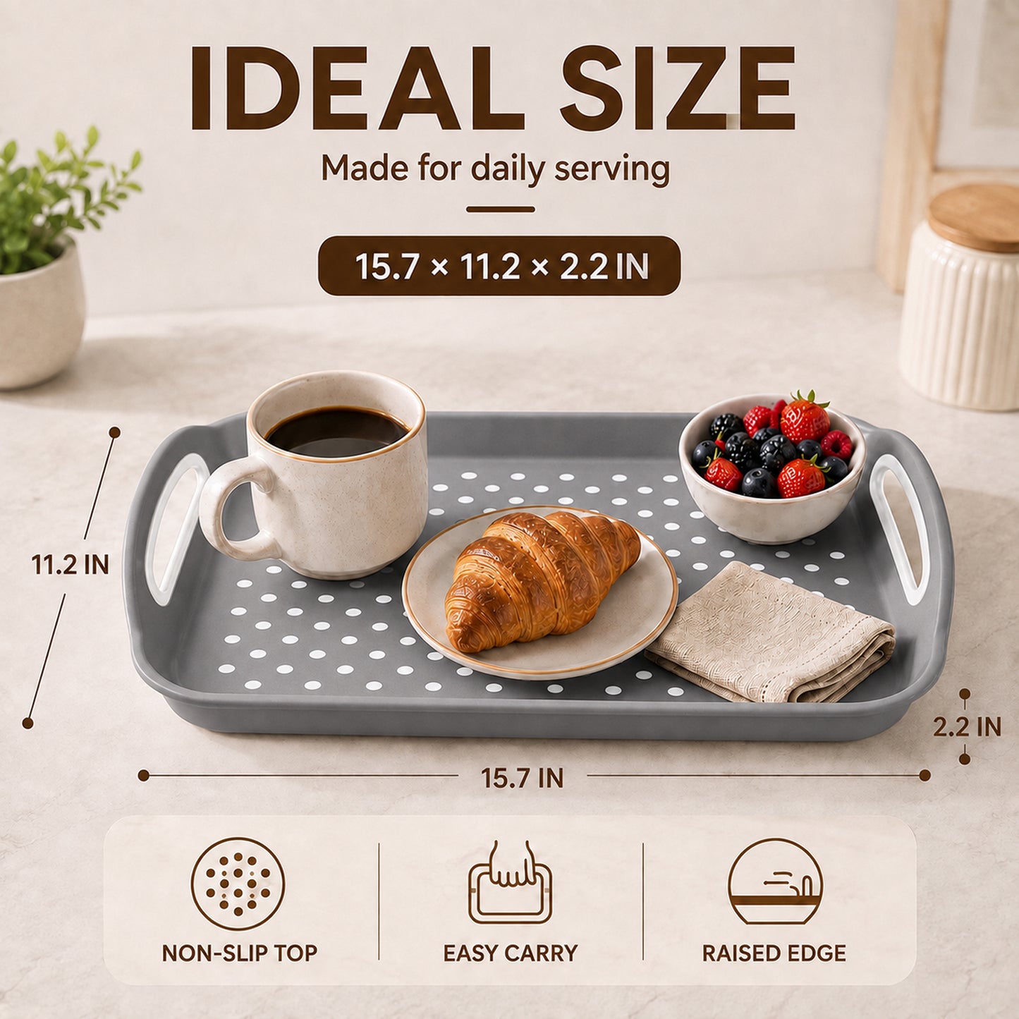 Non Slip Serving Tray with Handles, Rubber Gripped Lap Food Trays for Eating, Dishwasher Safe, Ideal for Breakfast, Snack, Fruit, Dessert, Beverage & Dinner (2 pack Grey)