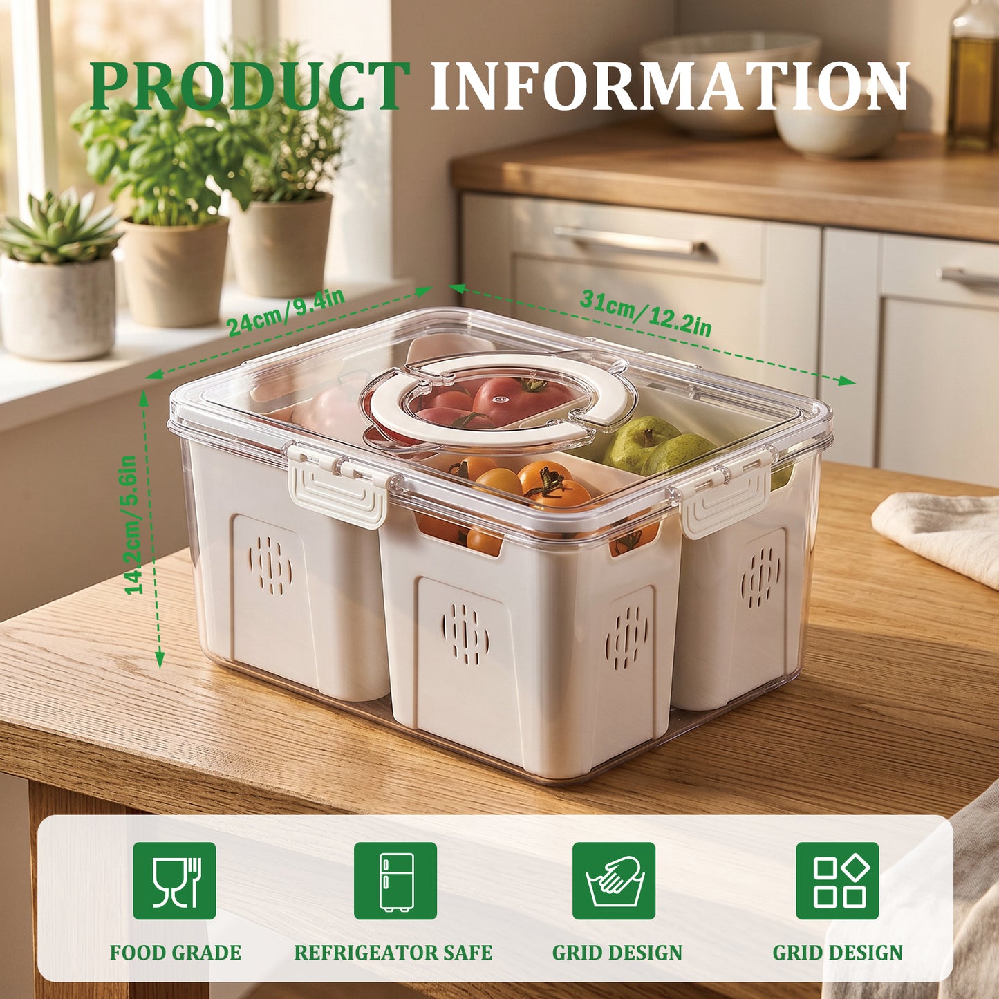 Refrigerator Organizer with Lids, 4 Compartment Divided Food Storage Container for Fridge, Snackle Box Style Fruit and Vegetable Storage Tray, Stackable Clear Fridge Organizer, 1 Pack