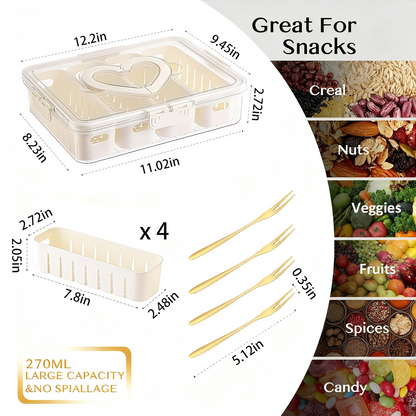Snackle Box Container – 4 Compartment Divided Serving Tray with Lid & Handle, Portable White