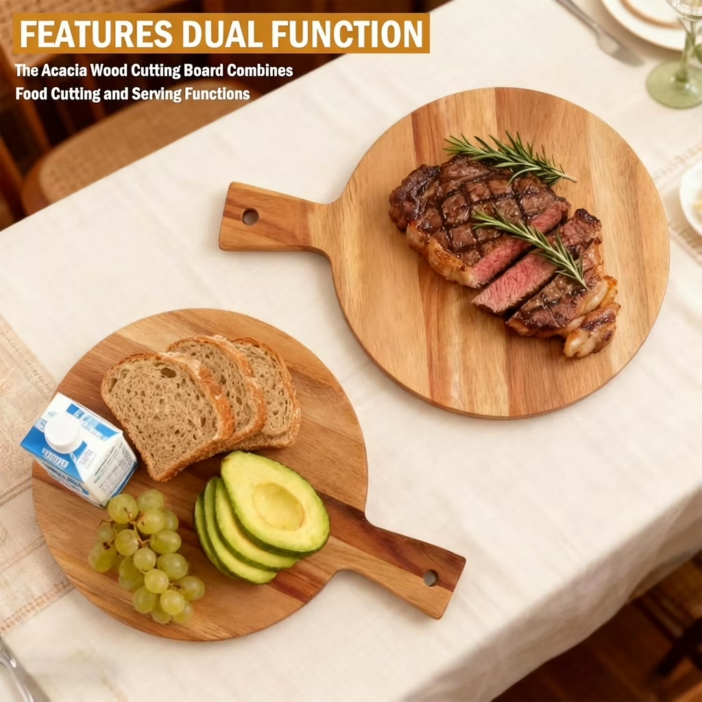 Round Wood Cutting Board, 12 Inch Acacia Wood Charcuterie Board with Handle, Multi-Functional Kitchen Serving Tray for Meat & Bread