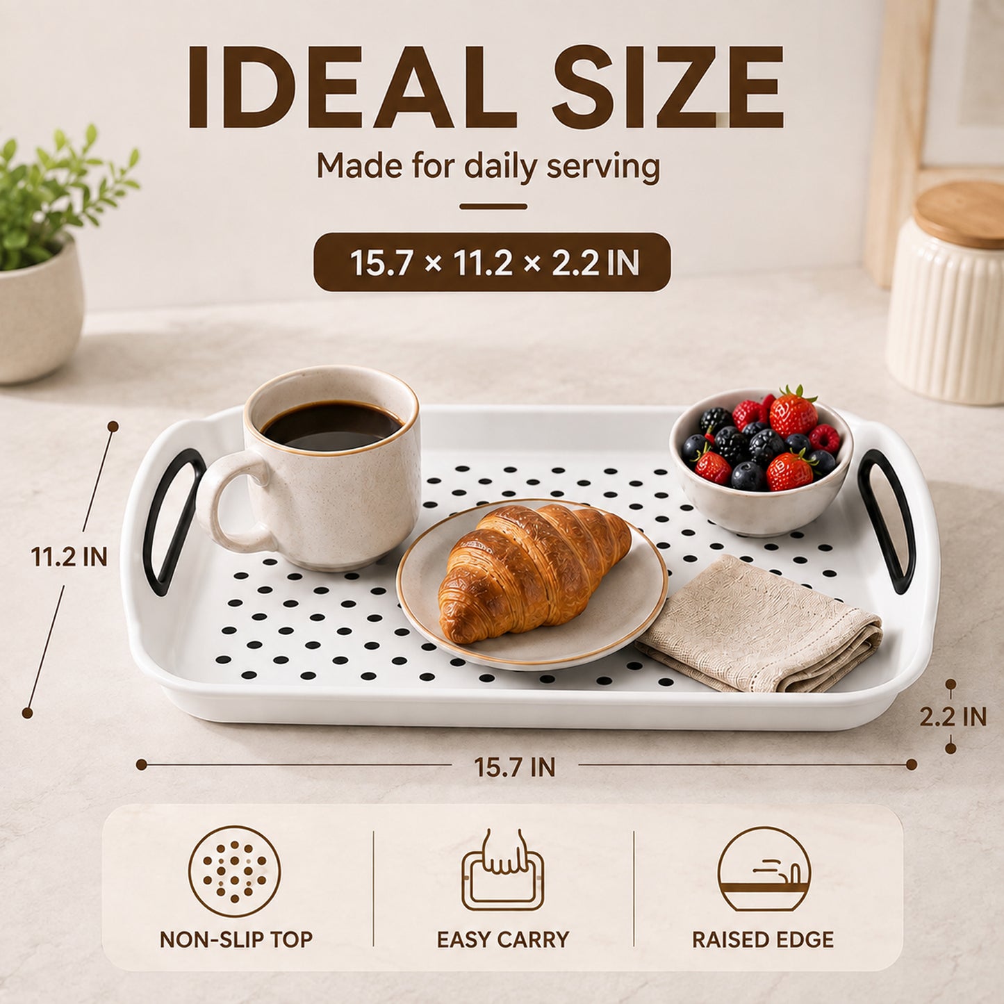 Non Slip Serving Tray with Handles, Rubber Gripped Lap Food Trays for Eating, Dishwasher Safe, Ideal for Breakfast, Snack, Fruit, Dessert, Beverage & Dinner (2 pack White)