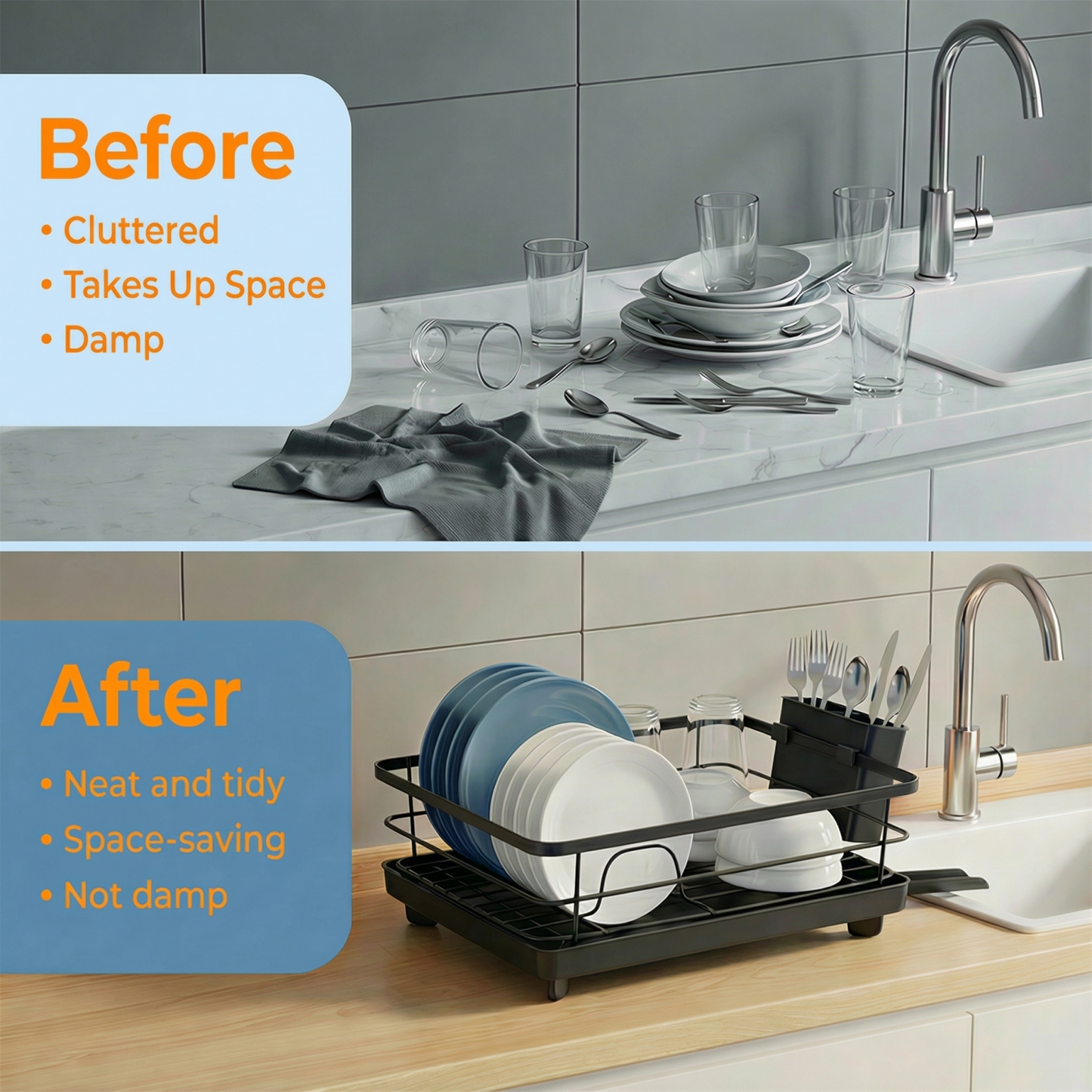 Metal Dish Drying Rack for Kitchen Counter (16.5" × 12") — Rust-Resistant Coated Steel with Removable Utensil Holder & Swivel Drainboard, Black
