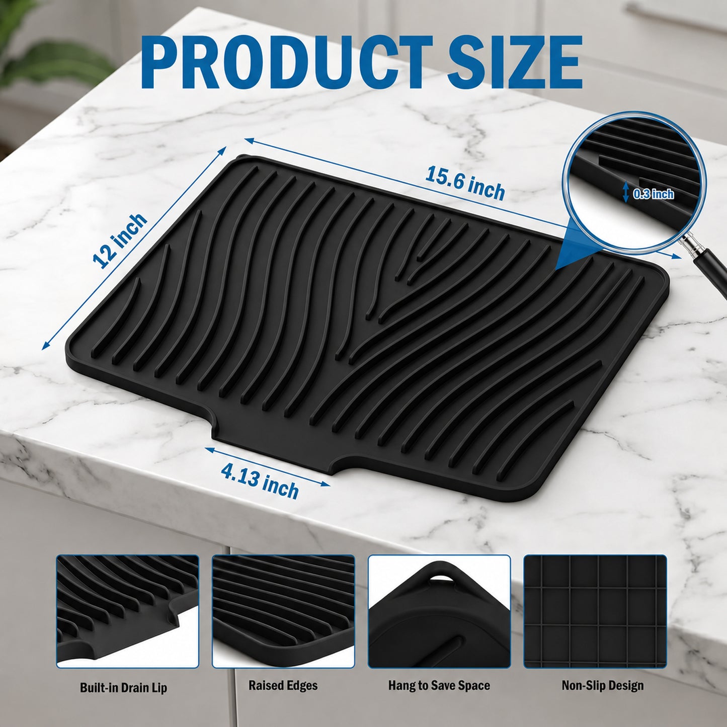 Silicone Dish Drying Mat for Kitchen Counter or Sink, Non-Slip Dish Drainer Mat with Built-in Drain, Heat Resistant Drying Pad, Black