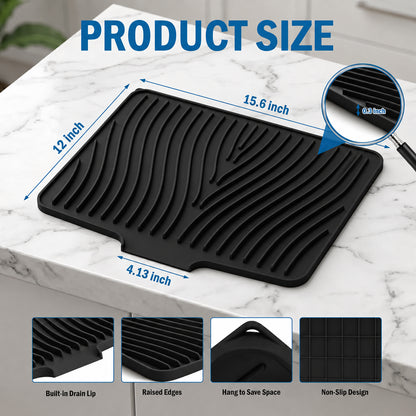 Silicone Dish Drying Mat for Kitchen Counter or Sink, Non-Slip Dish Drainer Mat with Built-in Drain, Heat Resistant Drying Pad, Black