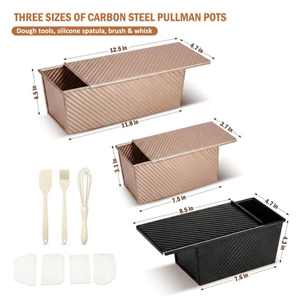 3-Pack Pullman Loaf Pan with Lids – Nonstick, 2.2/1/0.8 lb Dough Capacity, Includes 7 Tools