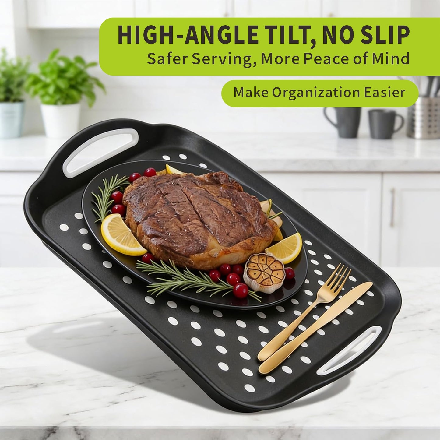 Non Slip Serving Tray with Handles, Rubber Gripped Lap Food Trays for Eating, Dishwasher Safe, Ideal for Breakfast, Snack, Fruit, Dessert, Beverage & Dinner (Large Black)
