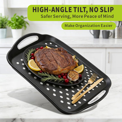 Non Slip Serving Tray with Handles, Rubber Gripped Lap Food Trays for Eating, Dishwasher Safe, Ideal for Breakfast, Snack, Fruit, Dessert, Beverage & Dinner (Large Black)