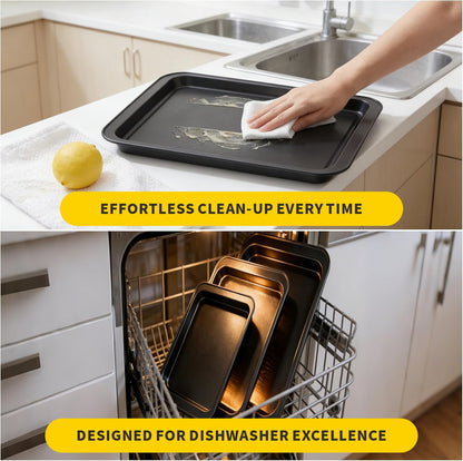 Baking Sheet Pan Set, Nonstick Stackable Multi-Depth Oven Bakeware, Black Rectangle Baking Pans, Rust & Warp Proof, Easy Clean (3-Piece)