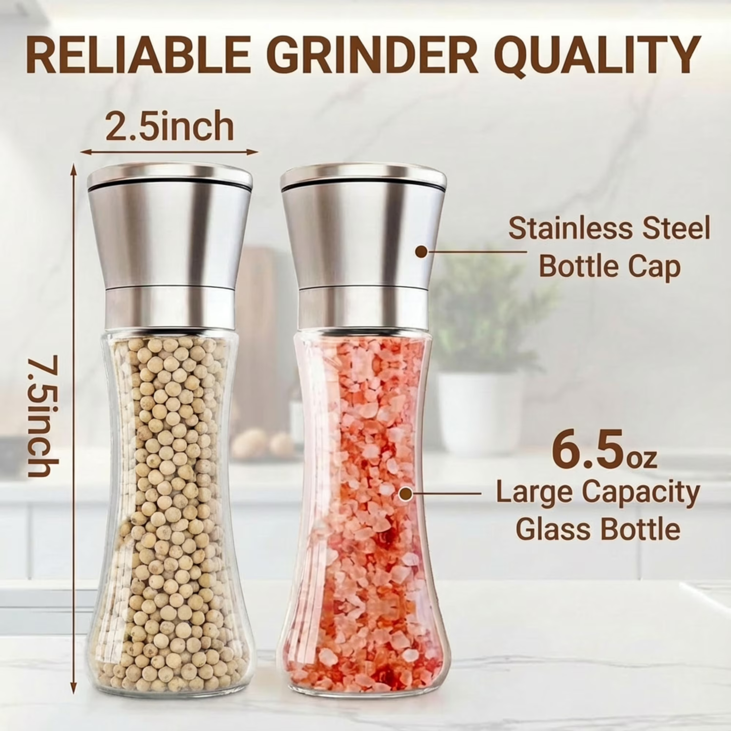 2-Pack Stainless Steel Pepper & Salt Grinder Set, Refillable Glass Body, Adjustable Coarseness Spice Mill