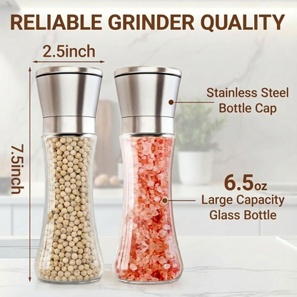 2-Pack Stainless Steel Pepper & Salt Grinder Set, Refillable Glass Body, Adjustable Coarseness Spice Mill