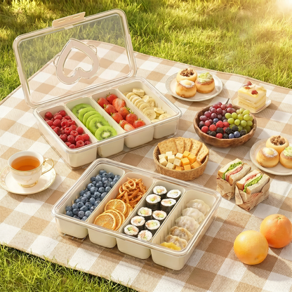 Snackle Box Container, Portable Snack Container with Lid and Handle, Reusable Stackable Snack Box, Divided Snack Containers with 4 Compartments for Travel Party Picnic,1 Pack, White