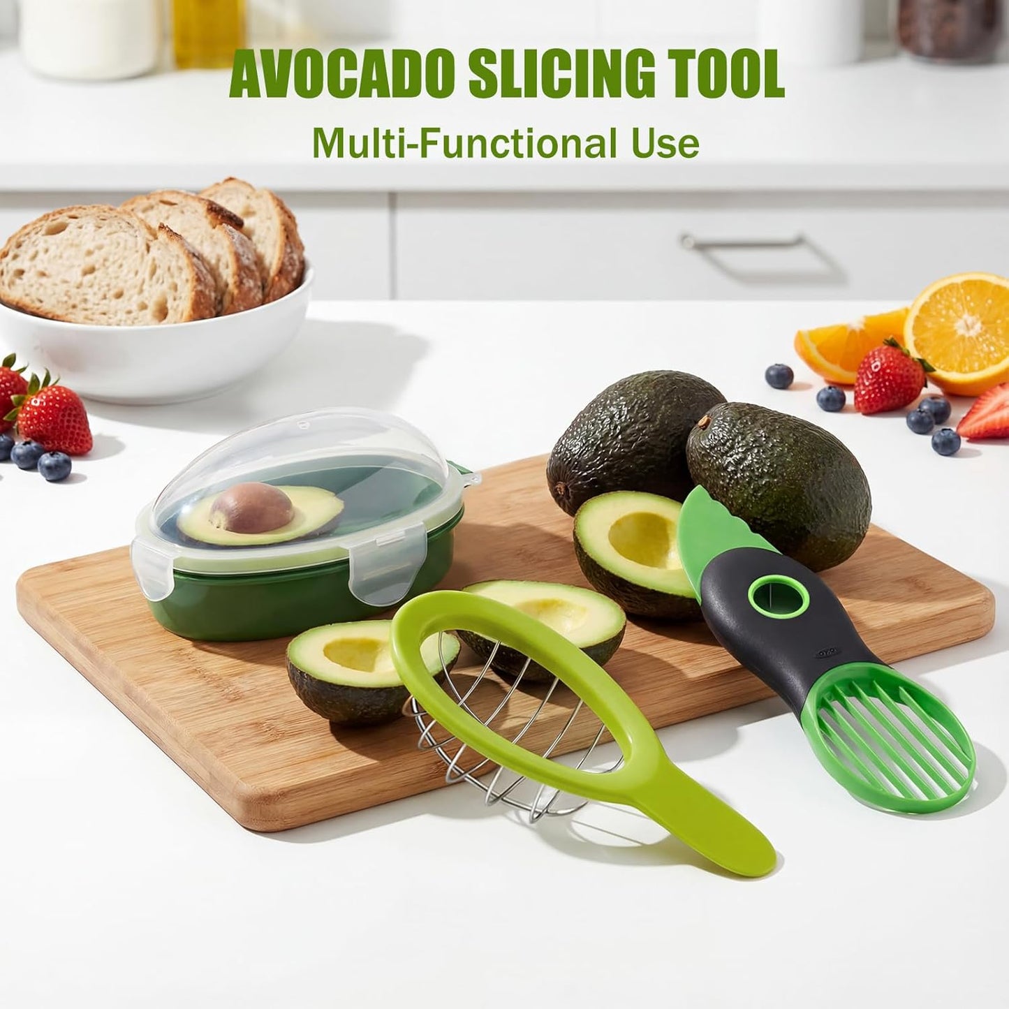 Avocado 3-Piece Kitchen Tool Set with Slicer Cutter & Airtight Storage Container, Dishwasher Safe