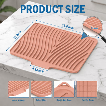 Silicone Dish Drying Mat for Kitchen Counter or Sink, Non-Slip Dish Drainer Mat with Built-in Drain, Heat Resistant Drying Pad, Pink