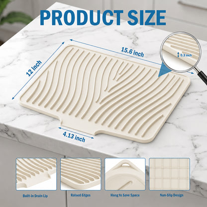 Silicone Dish Drying Mat for Kitchen Counter or Sink, Non-Slip Dish Drainer Mat with Built-in Drain, Heat Resistant Drying Pad, Off White