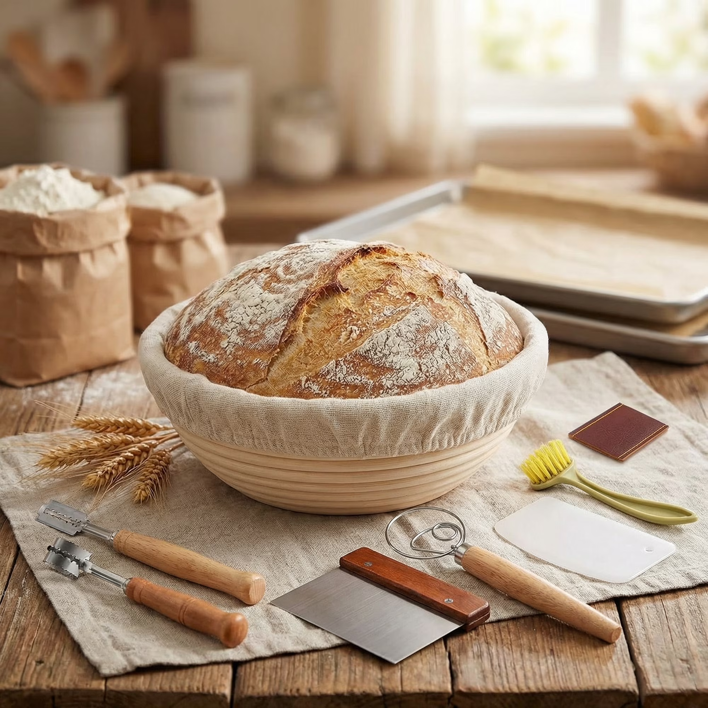 9 Inch Round Sourdough Proofing Basket, 7-Piece Baking Kit with Linen Liner & Tools, Bread Baking Supplies Gift Set