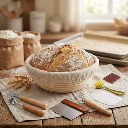 9 Inch Round Sourdough Proofing Basket, 7-Piece Baking Kit with Linen Liner & Tools, Bread Baking Supplies Gift Set