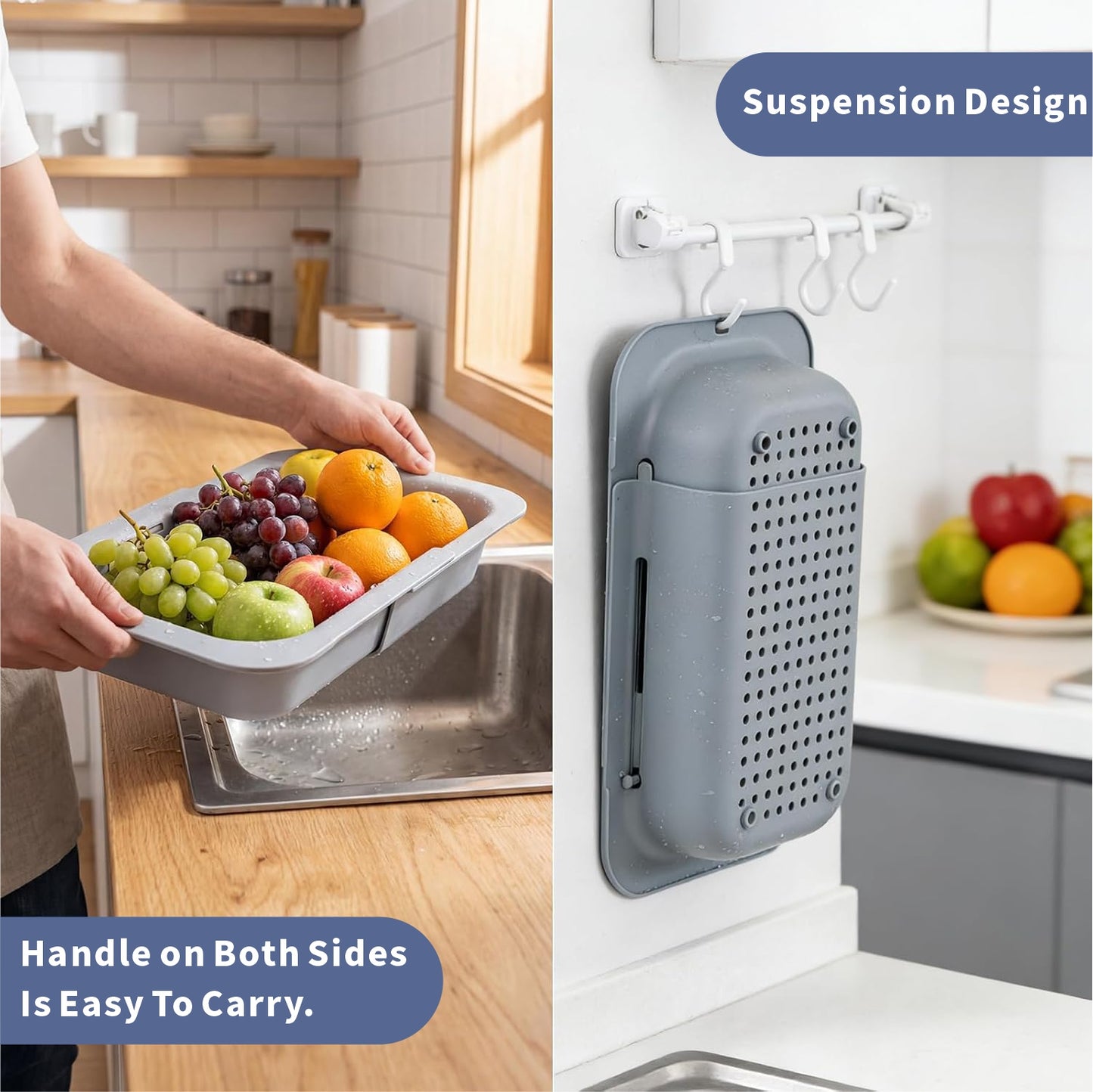 Extendable Over Sink Colander, 13.58-18.9 Inch Expandable Drain Basket, Ideal for Washing Produce & Draining Noodles, Fits Most Household Kitchen Sinks (Grey, 1 Pack)