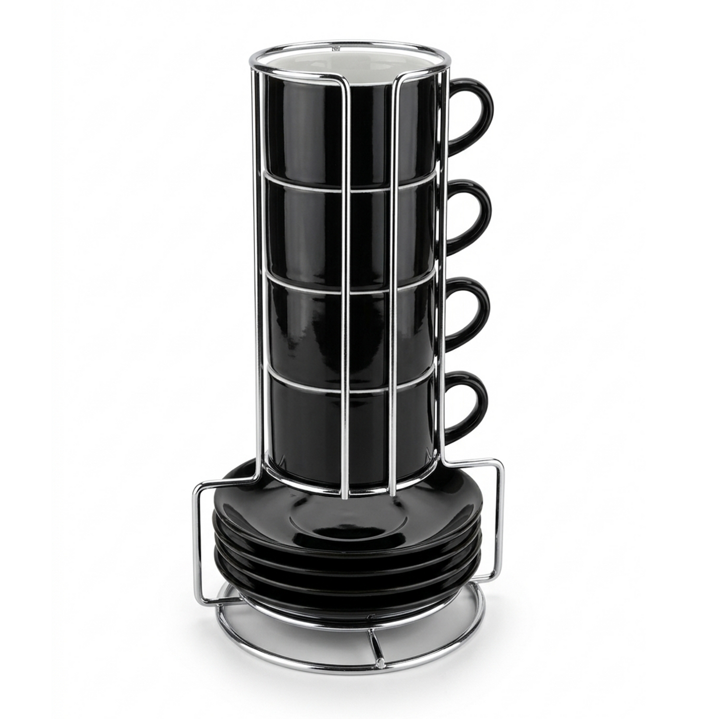 3 oz Espresso Cups for Coffee Lovers, Stackable Ceramic Demitasse Cups with Saucers and Metal Rack for Espresso, Cortado & Macchiato, Black, Set of 4