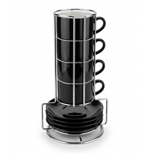 3 oz Espresso Cups for Coffee Lovers, Stackable Ceramic Demitasse Cups with Saucers and Metal Rack for Espresso, Cortado & Macchiato, Black, Set of 4