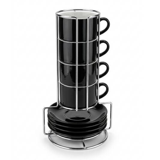 3 oz Espresso Cups for Coffee Lovers, Stackable Ceramic Demitasse Cups with Saucers and Metal Rack for Espresso, Cortado & Macchiato, Black, Set of 4